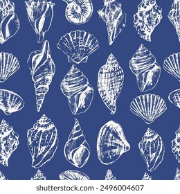 Vector sea animals seamless pattern. Sea shells in white on blue. Sea life background.