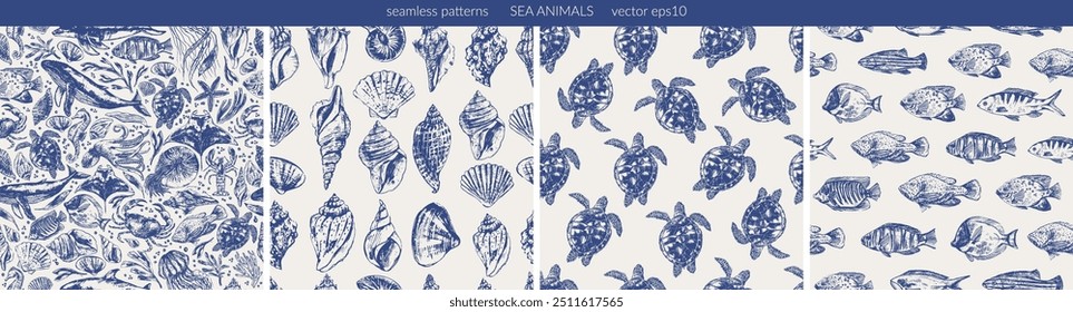 Vector sea animals seamless pattern set. Sea life background in blue color with whale, dolphin, octopus, sea turtle, jellyfish, starfish, manta ray, coral fish, nautilus, seashells.