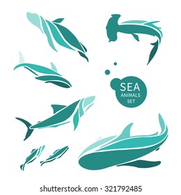 vector sea animals set. It can be used for logo, textile design, icon.