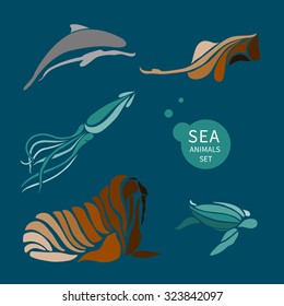 vector sea animals set. It can be used for logo, textile design, icon, poster, sticker, print.