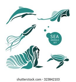 vector sea animals set. It can be used for logo, textile design, icon, poster, sticker, print.