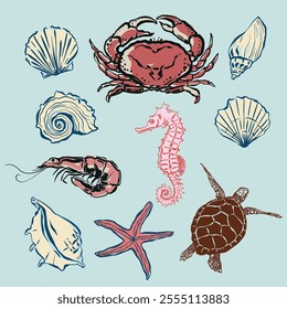 Vector sea animals set of crab, turtle, shell and seahorse. Hand-drawn vintage composition isolated on blue background. Illustration for design, print, fabric or background.