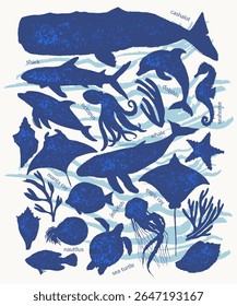 Vector sea animals silhouette set. Whale, dolphin, shark, octopus, sea horse, sea turtle, jellyfish, starfish, manta ray, eagle ray, nautilus. Wild life ocean creature for sea bacground and logo.