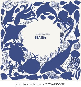Fondo de siluetas de animales marinos de Vector. Marco decorativo con ballena, delfín, pulpo, caballo de mar, tortuga marina, medusas, estrellas de mar, manta, raya águila, nautilus, peces coral. Dibujo de la criatura del océano de la vida salvaje.