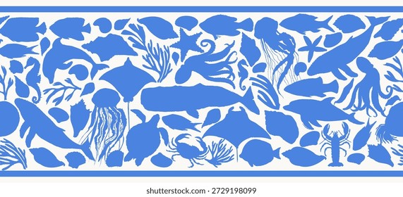 Vektor Meerestiere Silhouetten nahtlose Grenze. Dekoratives Muster mit Wal, Delfin, Hai, Tintenfisch, Krabbe, Hummer, Seepferdchen, Meeresschildkröte, Qualle, Seestern, Mantas, Adlerrochen, Nautilus, Korallenfisch. Meereslebewesen.