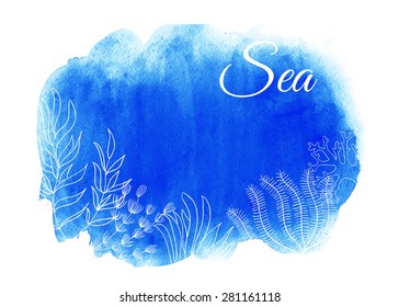 Vector sea background. Blue nautical watercolor banner. Blobs, stain, paints blot.