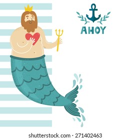 Vector sea background with blue and white stripes, anchor, text "Ahoy" and funny bearded man. Childish summer backdrop with cute cartoon character. Template of Invitation.