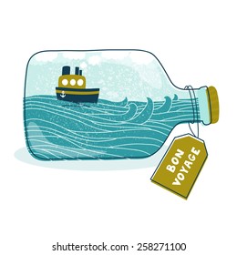 Vector Sea Background With Bottle, Waves, Ship And Label With Text 