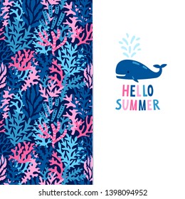 Vector sea background with cute whale and corals. Banner with funny whale and seaweeds. Colorful summer backdrop with marine elements.