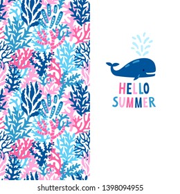 Vector sea background with cute whale and corals. Banner with funny whale and seaweeds. Colorful summer backdrop with marine elements.