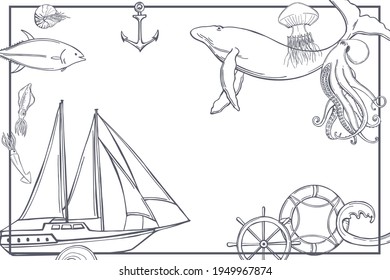 Vector sea background with hand drawn yacht and marine animals.