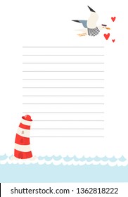 Vector sea background for scrapbook. Seagull, sea, lighthouse.
