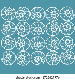 Vector sea background with shells. Drained by hand. On a blue background with the possibility of change. For paper, fabric and wallpaper.