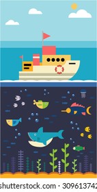 Vector sea background and water and fish and ship