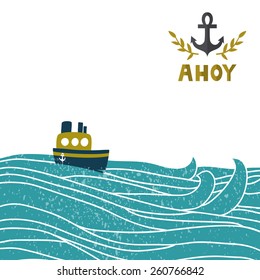 Vector sea background with waves, ship anchor and golden text "Ahoy". Travel childish background. Vintage summer illustration. Invitation template.