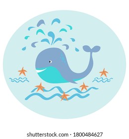 Vector de fondo marino con olas, ballenas y pez estrella. Un bonito fondo infantil. Plantilla de invitación.