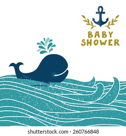 Vector sea background with waves, whale, anchor and golden text "Baby shower". Cute childish background. Invitation template.