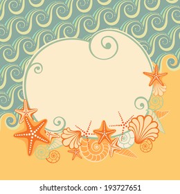 Vector sea beach background  with banner. Vintage illustration for print, web