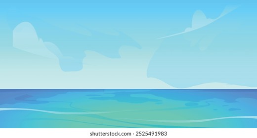 Vector del mar con un hermoso cielo azul, olas tranquilas y un horizonte tranquilo. Perfecto para diseños con temática oceánica, ilustraciones de viajes o proyectos de naturaleza, agregando una atmósfera refrescante y tranquila