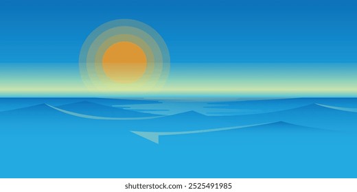 Vector del mar con un hermoso cielo azul, olas tranquilas y un horizonte tranquilo. Perfecto para diseños con temática oceánica, ilustraciones de viajes o proyectos de naturaleza, agregando una atmósfera refrescante y tranquila