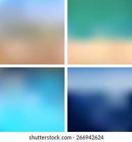 Vector Sea Blurred Backgrounds Set. Beach, sky and seascapes, vibrant blue color water and yellow sand. For summer vacation banners, cards, touristic brochures and business cards. Sunny travel pics