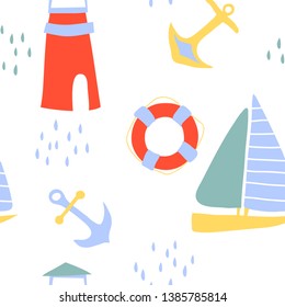 vector sea boat archor lighthouse seamless pattern cute childish illustration