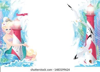 vector Sea border background. Cartoon summer clip art