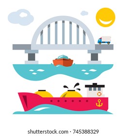 Vector Sea bridge and shipping. Flat style colorful Cartoon illustration.