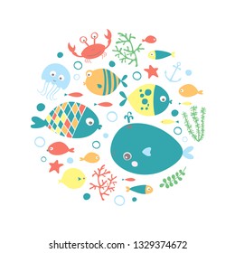 vector sea card with cute fish, whale, anchor, jellyfish, seaplants, crab. Sea vector set