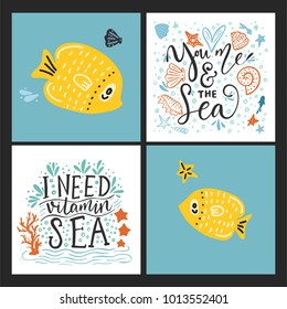 Vector sea cards set with handdrawn sea animals and ornate lettering pieces with a lot of detailed elements. Summer illustrations.