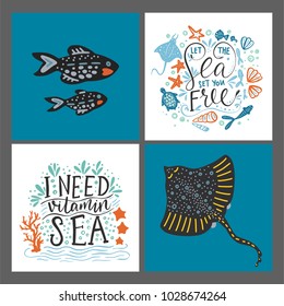 Vector sea cards set with handdrawn sea animals and ornate lettering pieces with a lot of detailed elements. Summer illustrations.