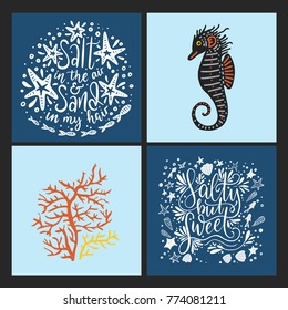 Vector sea cards set with handdrawn sea animals and ornate lettering pieces with a lot of detailed elements. Summer illustrations.