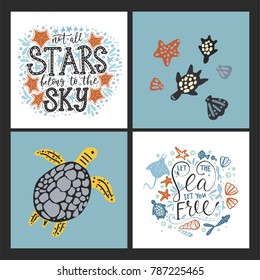 Vector sea cards set with handdrawn sea animals and ornate lettering pieces with a lot of detailed elements. Summer illustrations.