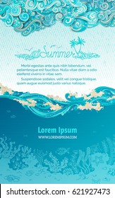 Vector sea and clouds background. Clouds and rain, waves and underwater life. Hand-drawn swirls, spirals, curls, drops and strokes. There is copy space for your text in the sky and undersea.