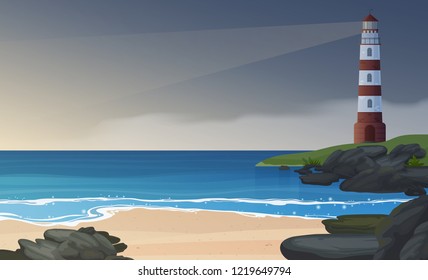 Vector sea coast landscape with lighthouse and rainy grey sky with fog.