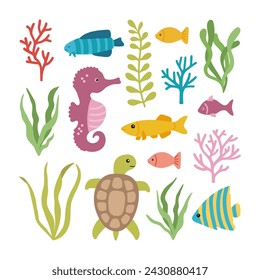 Vector sea collection fishes, seaweed, corals, turtle, seahorse. Hand drawn illustrations.