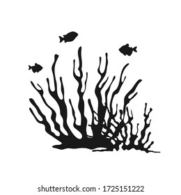  Vector sea coral with different fishes isolated on white background. Silhouette vector illustration in flat style.