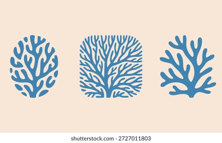 Conjunto de ícones de corais marinhos vetoriais. Algas Boho, Silhuetas De Recifes. Matisse Style Ocean Simple Plant. Ilustração de praia costeira de verão para impressão, cartaz, logotipo. Conjunto de Coral de Arte Ingênua. Forma Orgânica De Recifes E Algas