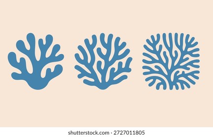 Conjunto de ícones de corais marinhos vetoriais. Algas Boho, Silhuetas De Recifes. Matisse Style Ocean Simple Plant. Ilustração de praia costeira de verão para impressão, cartaz, logotipo. Conjunto de Coral de Arte Ingênua. Forma Orgânica De Recifes E Algas