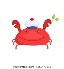 cangrejo vectorial de mar en un sombrero que contiene una rama con hojas. aislado de fondo blanco. lindo animal marino. divertido personaje submarino sonriente al estilo de las caricaturas.
