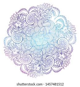 Vector sea creatures colorful doodle background. Underwater world mandala motif.