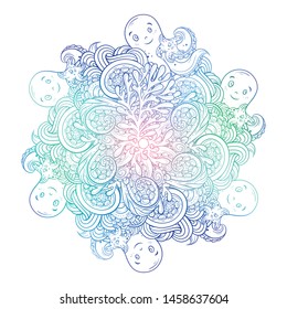 Vector sea creatures colorful doodle background. Underwater world mandala motif.