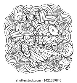 Vector sea creatures doodle background. Adult coloring page with undersea world. Black and white background with tropical fishes and octopus tentacles