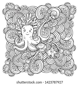 Vector sea creatures doodle background. Adult coloring page with undersea world. Cute octopus and a starfish characters.