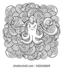 Vector sea creatures doodle background. Adult coloring page with undersea world. Cute octopus and a starfish characters.