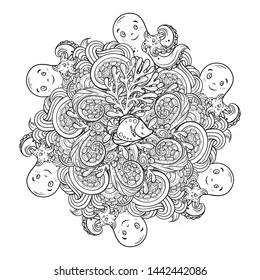 Vector sea creatures doodle black and white mandala. Adult coloring page with undersea world and a cute octopus character