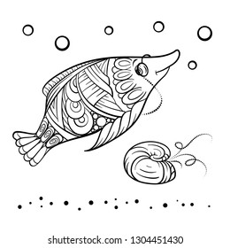Vector sea creatures doodle illustrations. Grandmother fish and a seashell. Adult coloring page with undersea world.