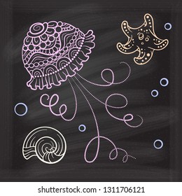 Vector sea creatures doodle illustrations on a chalkboard