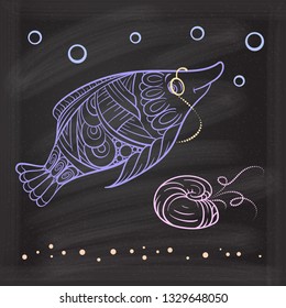 Vector sea creatures doodle illustrations. Grandmother fish and a seashell on a chalkboard background