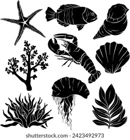 Vector sea creatures Silhouettes set. Wild life sea inhabitants